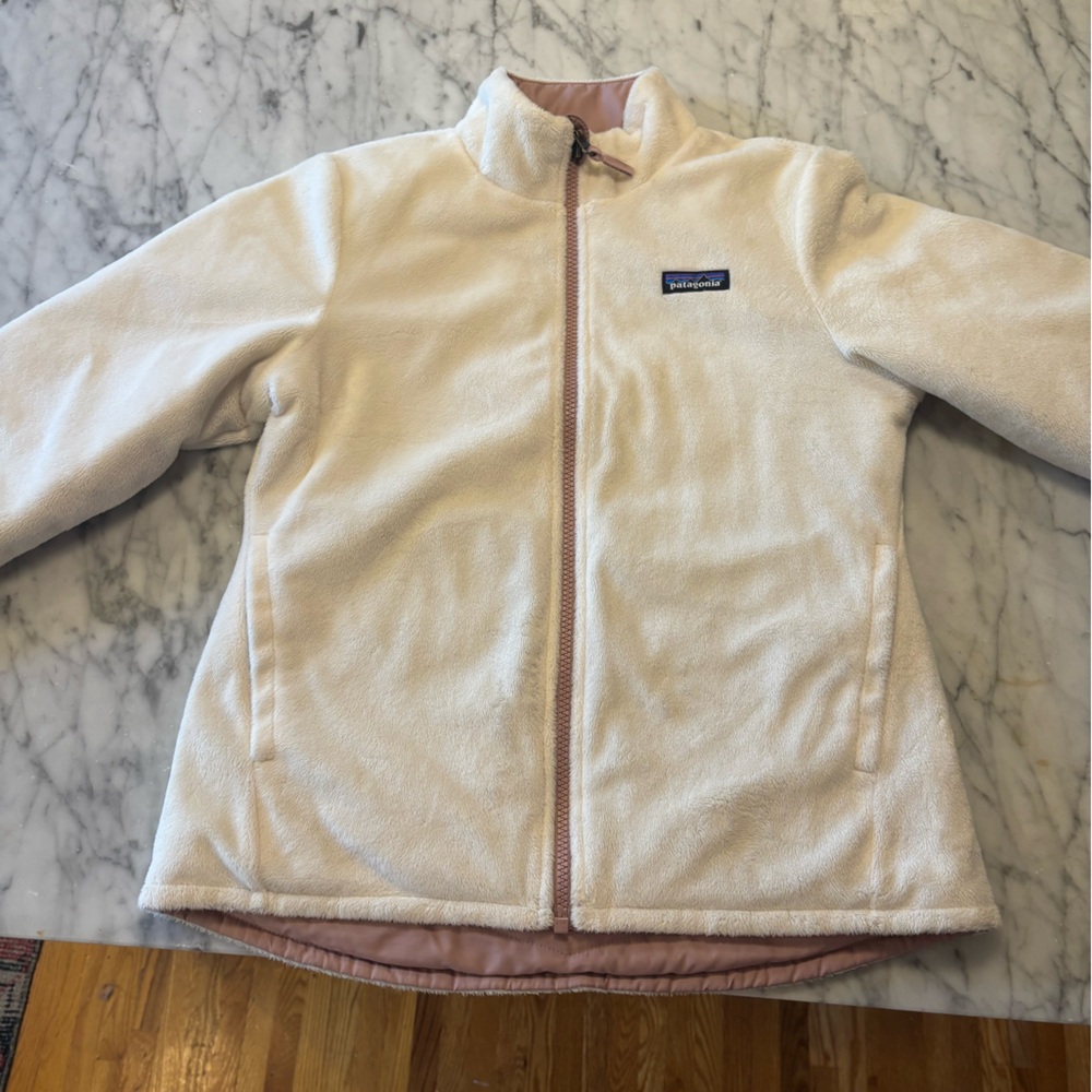 Patagonia Girls Cream and Pink Fleece reversible Jacket